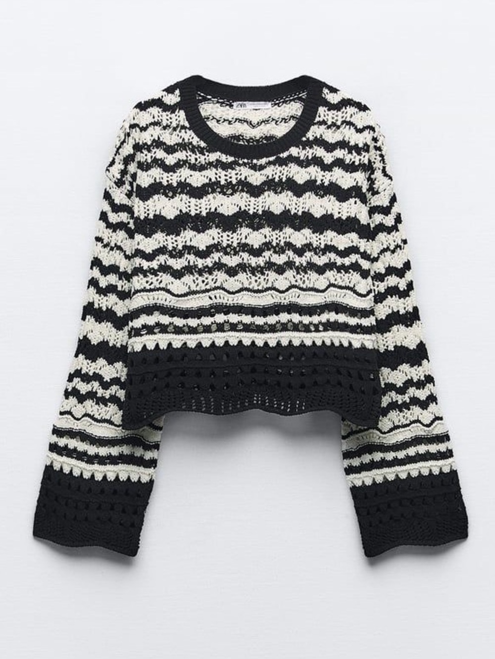 Zara Black White Crochet Open Knit Cropped Bell Sleeve Sweater Medium